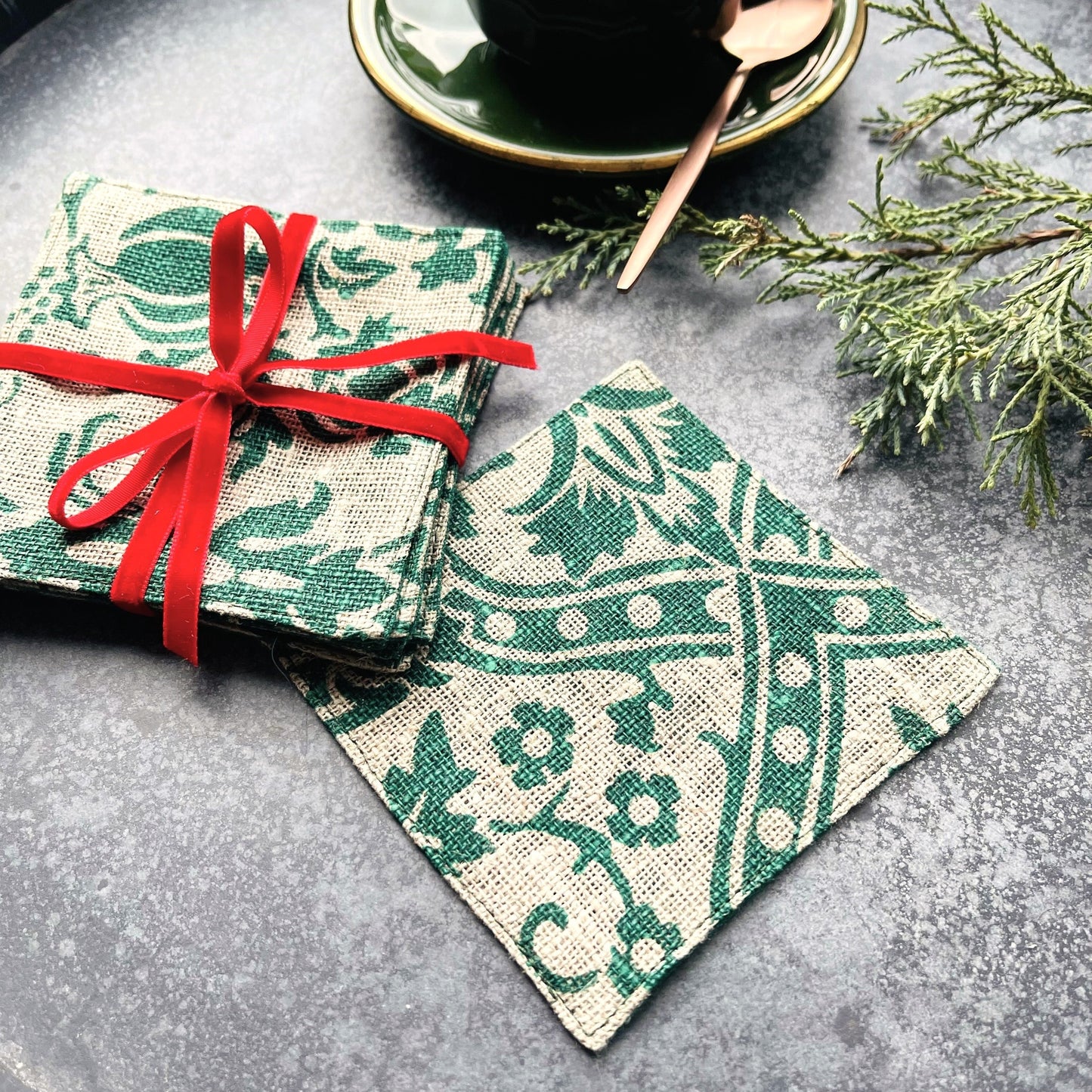 Cup coasters, Burlap ornaments, Set of 6