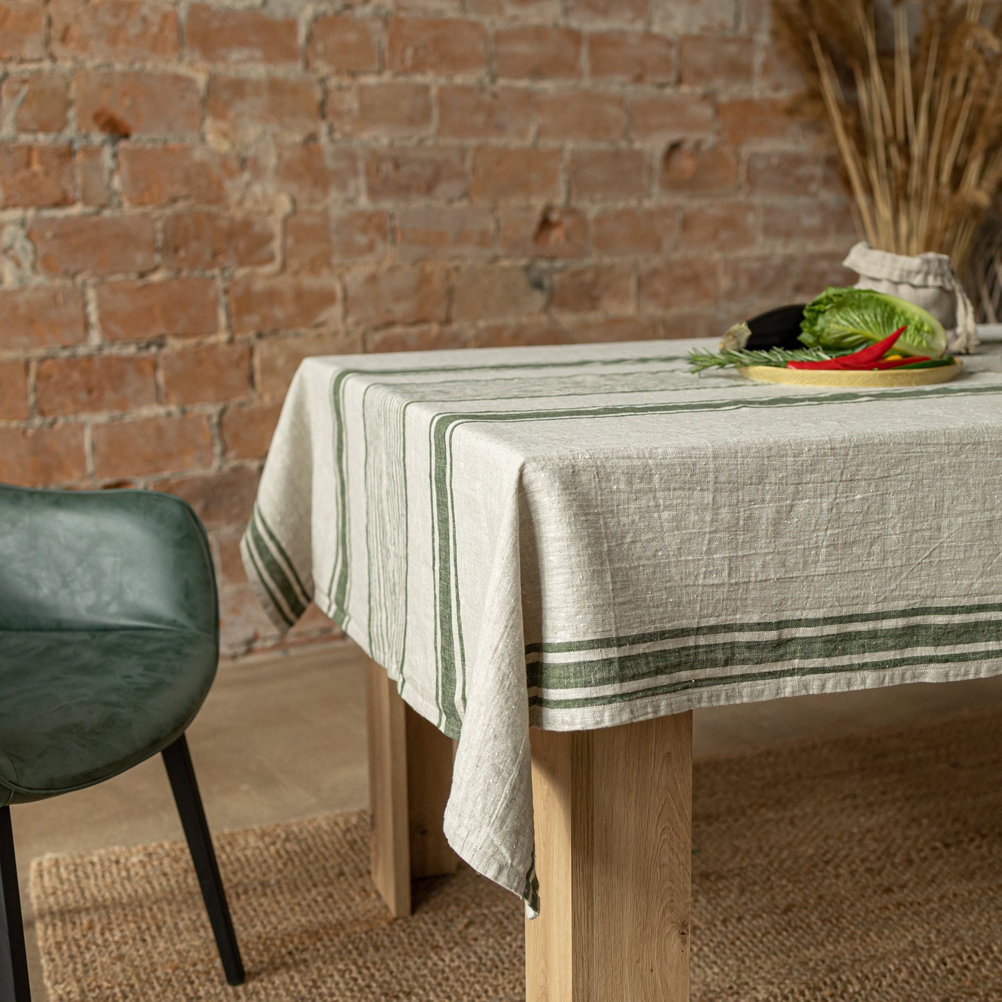 Linen tablecloth, Rustic Green Stripes