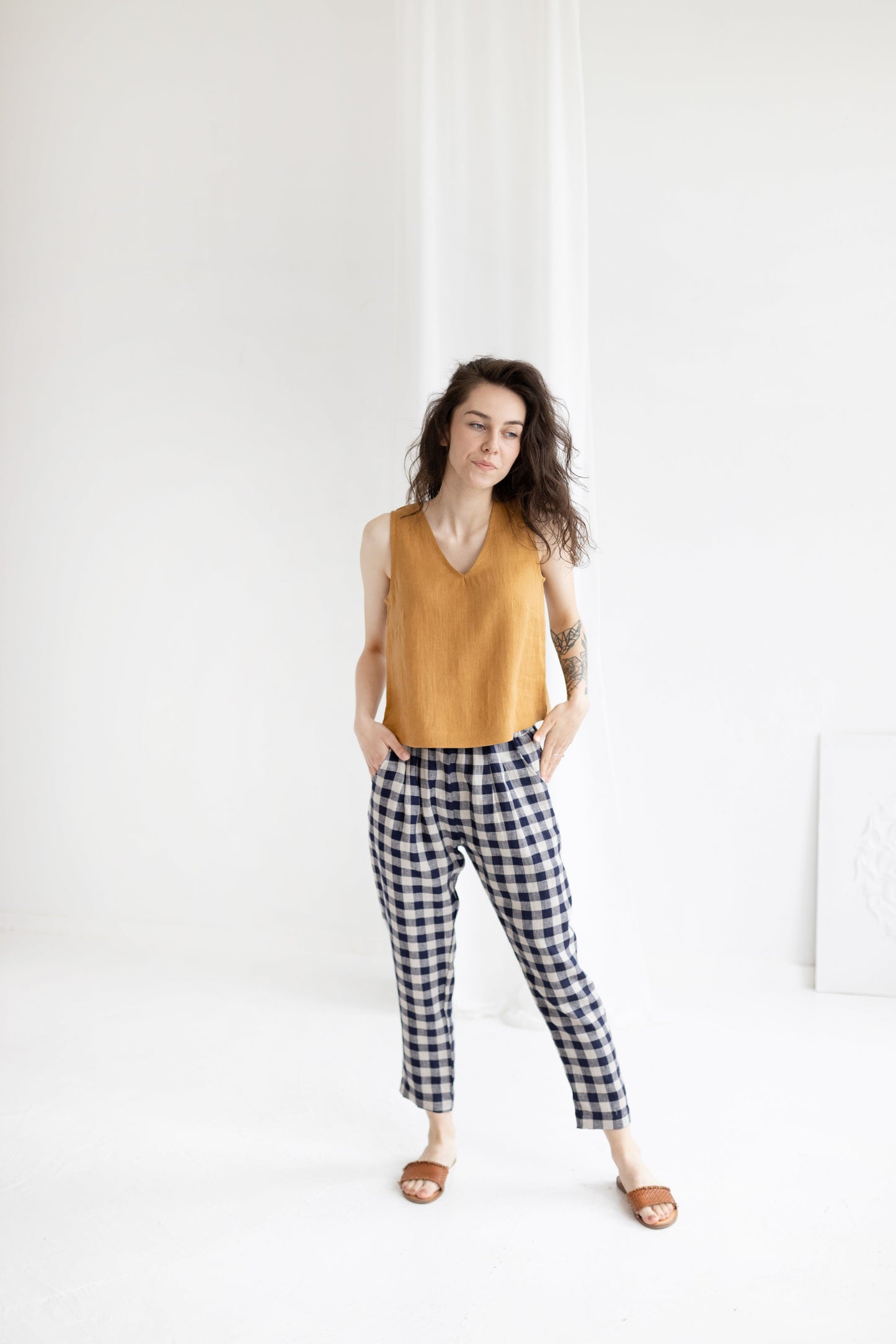 Linen V-neck Crop Top Sleeveless, READY TO SHIP