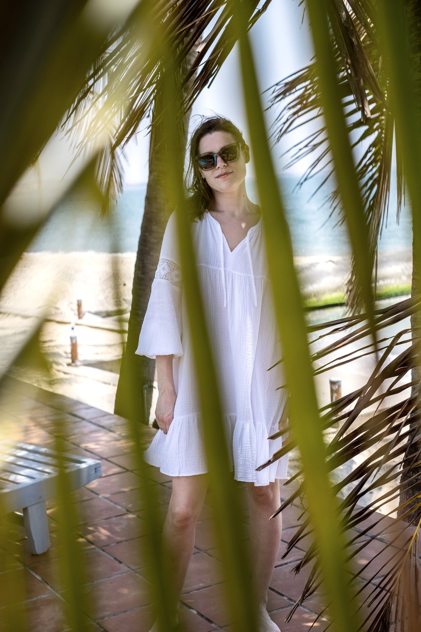 Cotton gauze mini dress BOHO, White