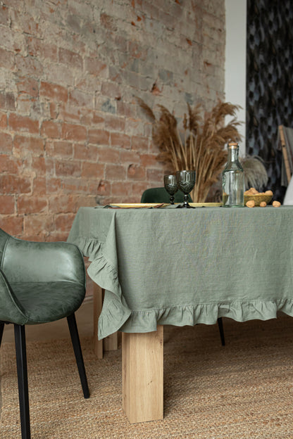 Linen tablecloth GREEN RUFFLES