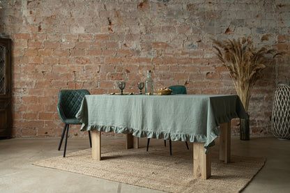 Linen tablecloth GREEN RUFFLES