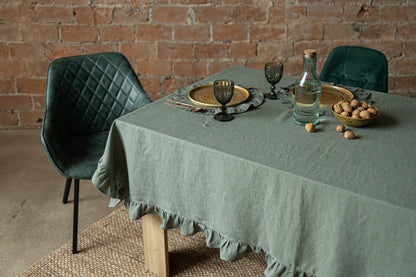Linen tablecloth GREEN RUFFLES
