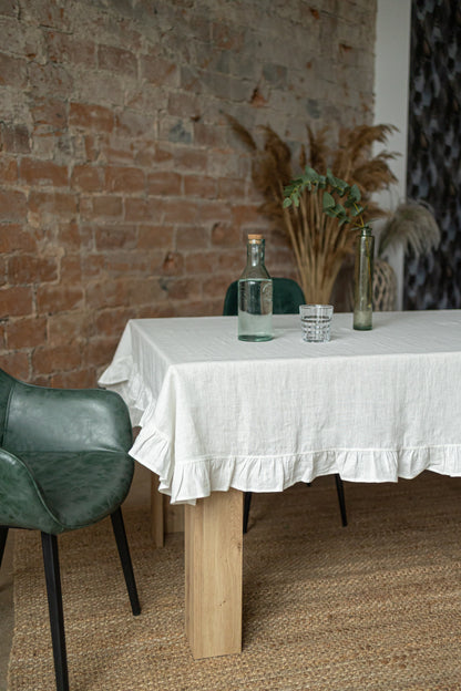 Linen tablecloth GREEN RUFFLES