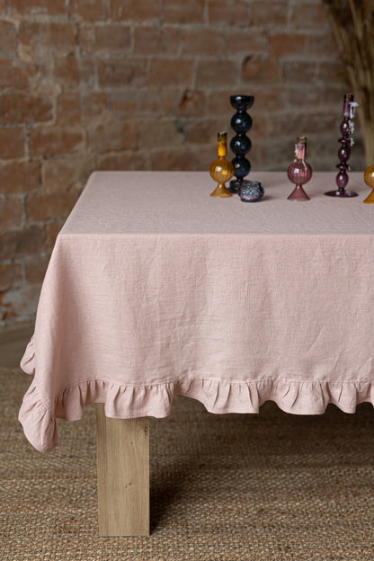 Linen tablecloth GREEN RUFFLES