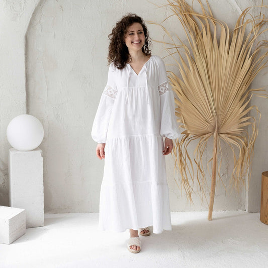White long dress, boho style cotton dress
