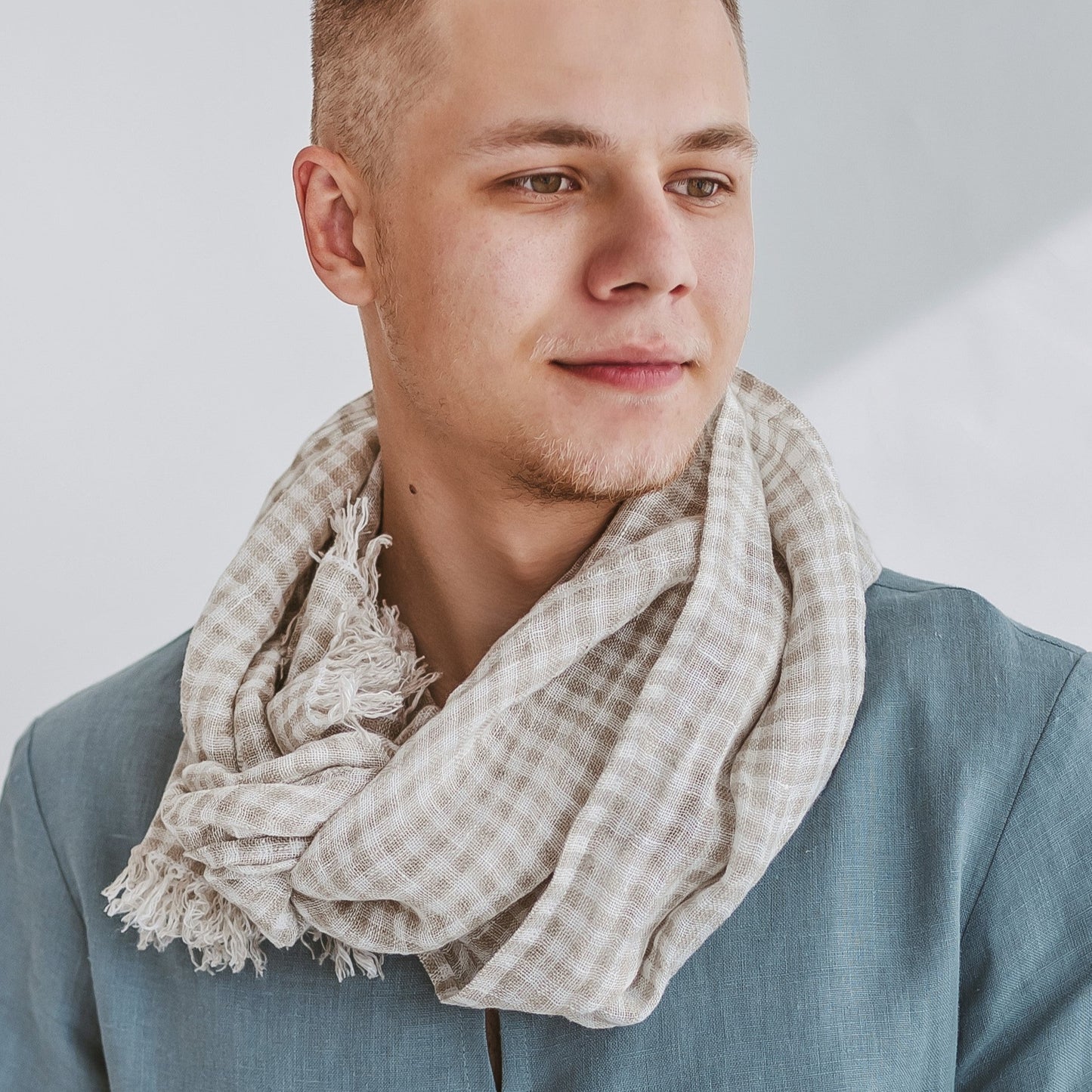 Lightweight linen scarf  NATURAL GINGHAM
