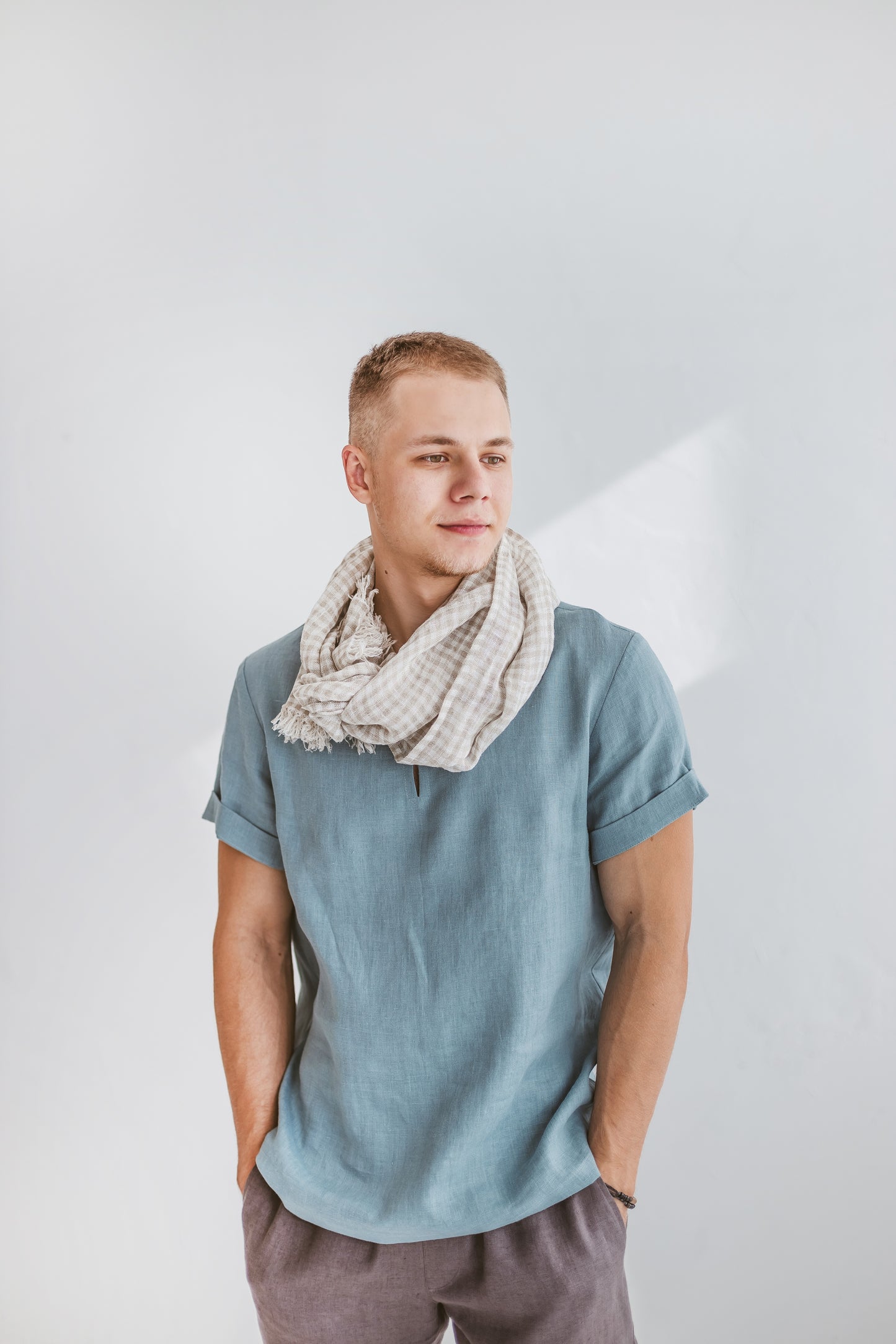 Lightweight linen scarf  NATURAL GINGHAM