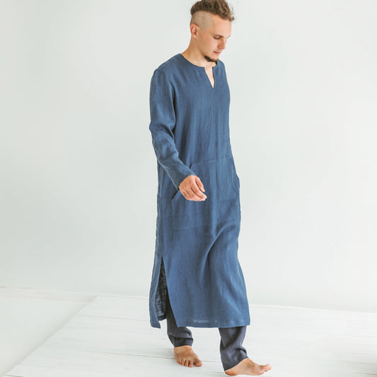 Linen Kaftan for Men Aqua Blue
