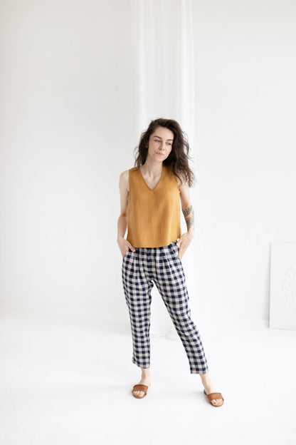 Linen V-neck Crop Top Sleeveless, READY TO SHIP