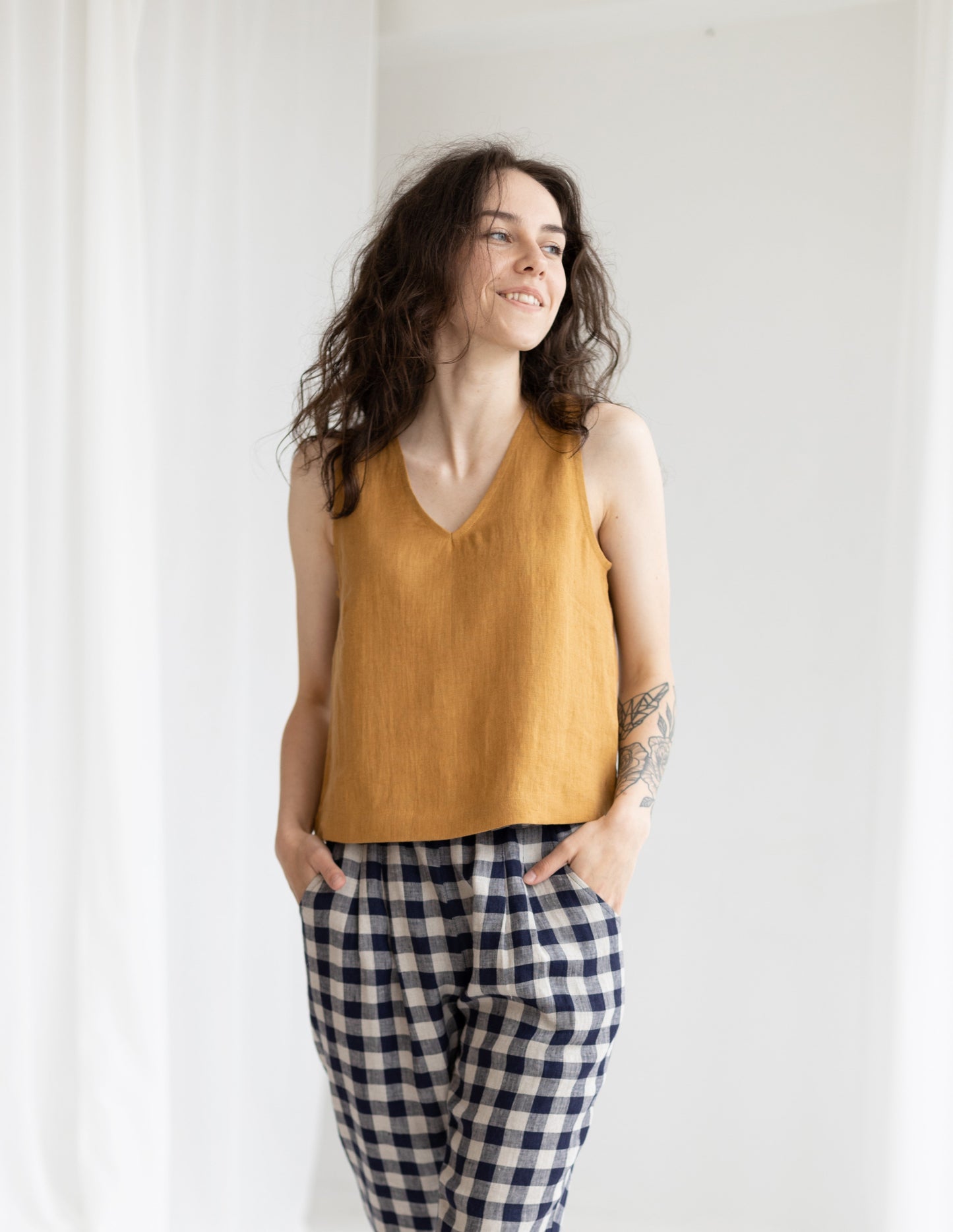 Linen V-neck Crop Top Sleeveless, READY TO SHIP