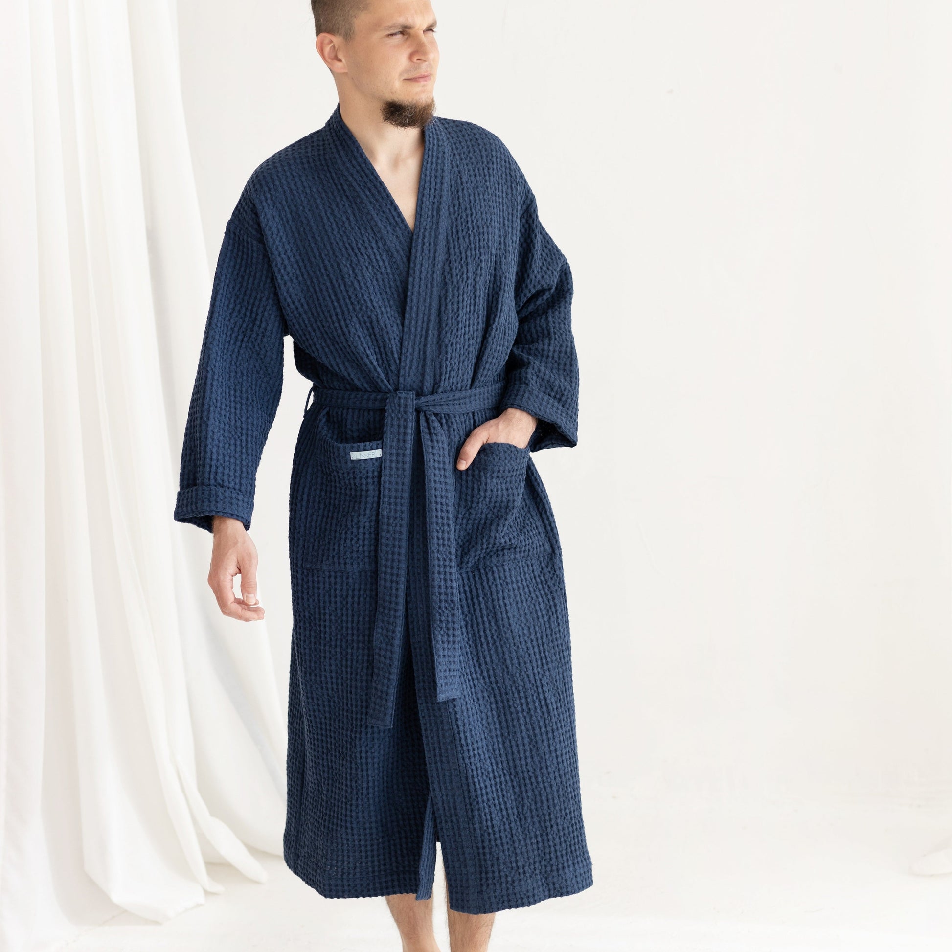 Long waffle fabric bathrobe, Navy Blue