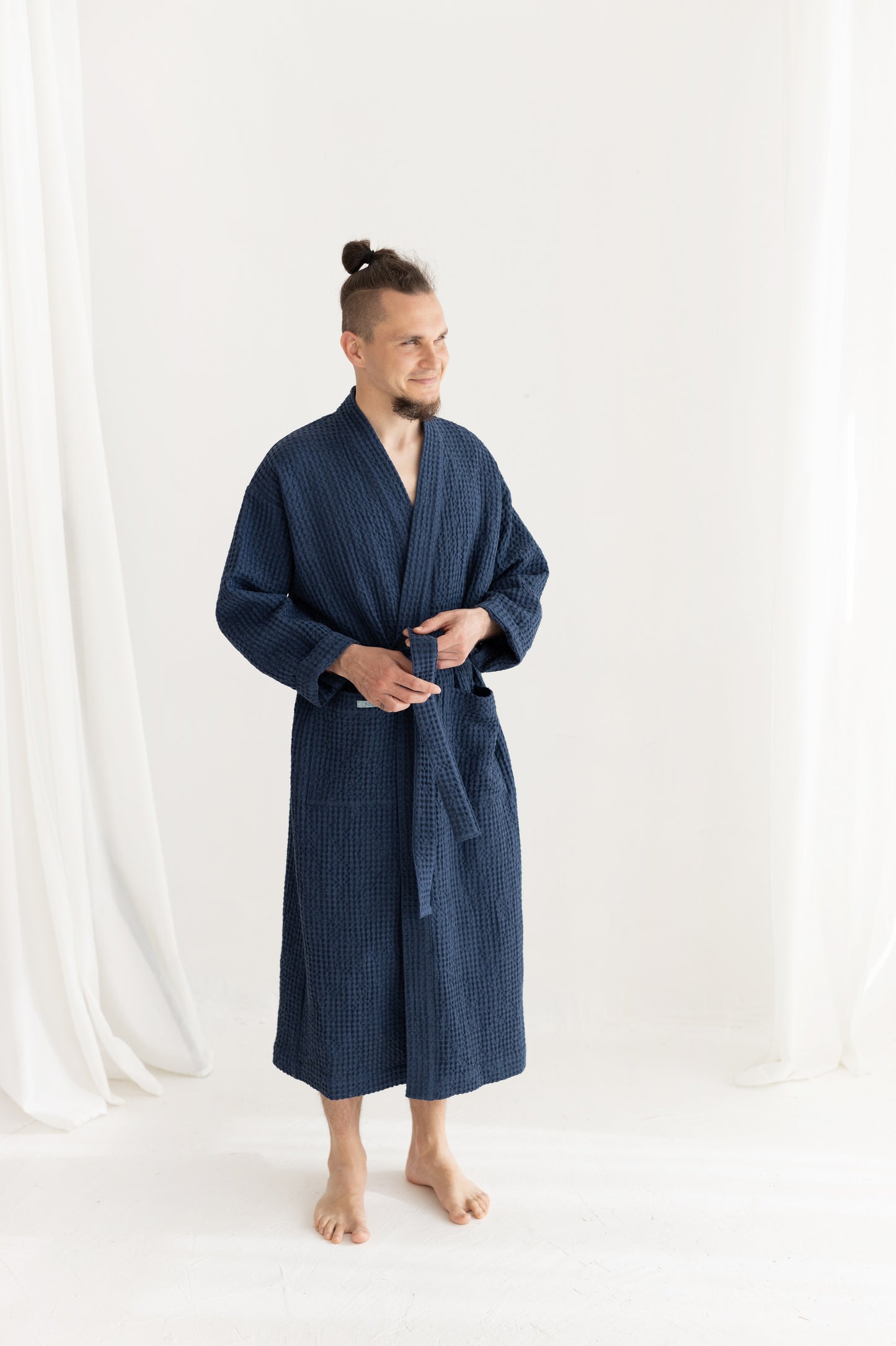 Waffle Linen Bathrobe BLUE for Men