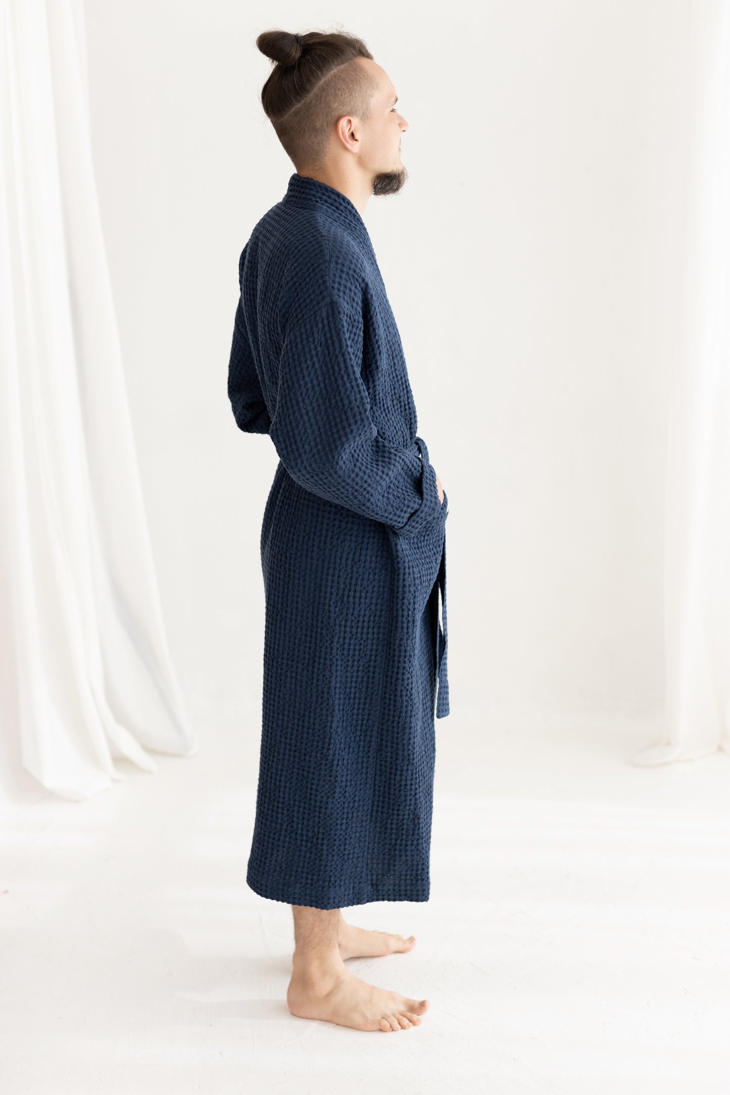 Waffle Linen Bathrobe BLUE for Men