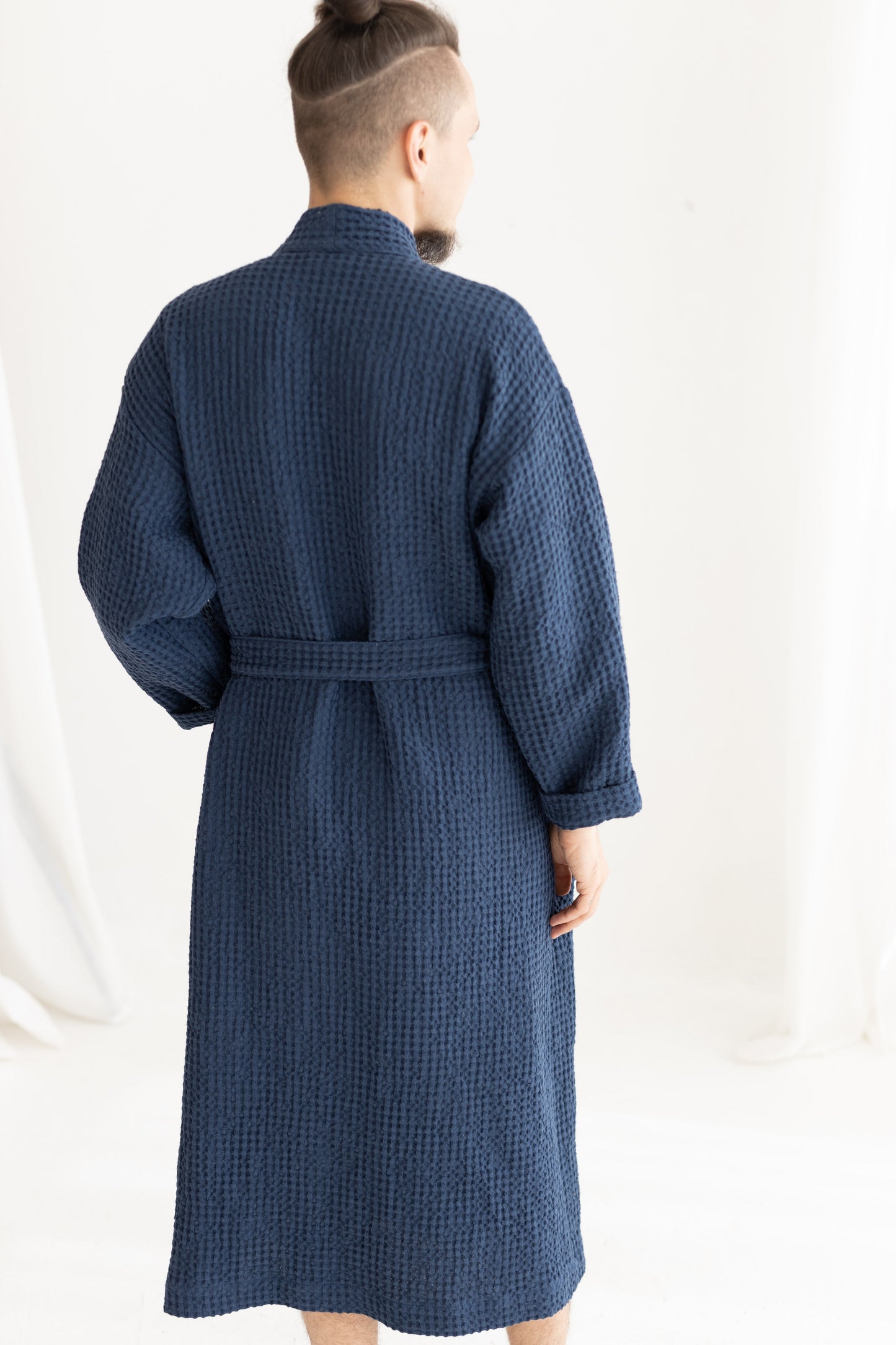 Waffle Linen Bathrobe BLUE for Men
