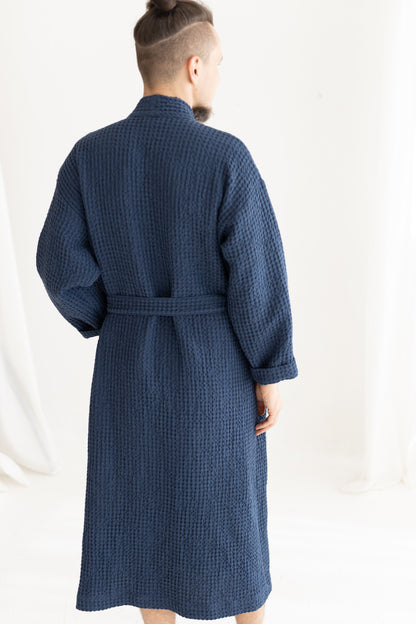 Waffle Linen Bathrobe BLUE for Men