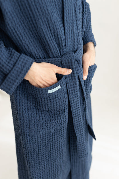 Waffle Linen Bathrobe BLUE for Men