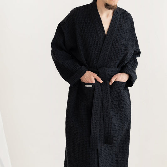 Black bathrobe, waffle robe