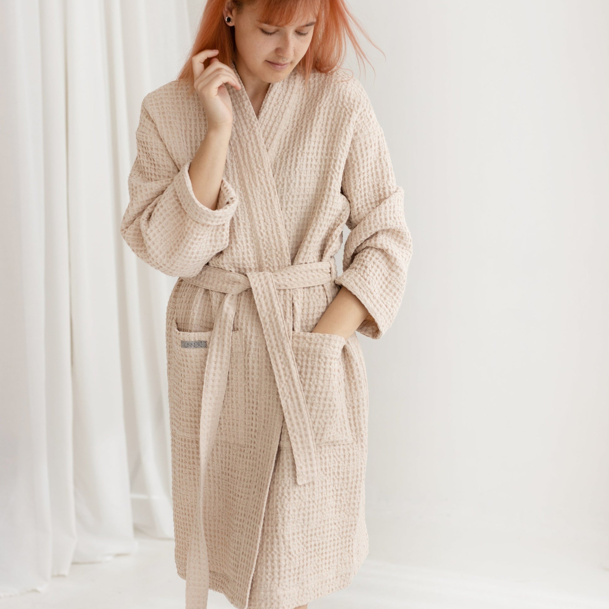 Beige waffle fabric bathrobe